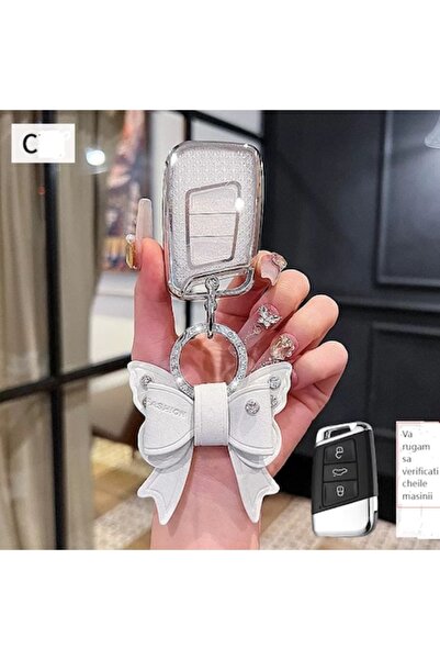 QGC Silver car key cover, 360° protection, with shiny bow, 0196