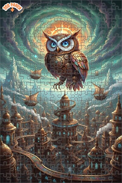 Esranın Dünyası Mechanical Owl Futuristic Cityscape Oil Painted Double-Layer ...