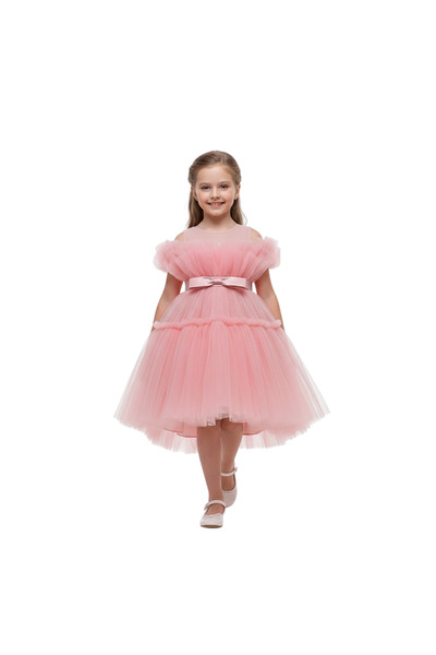 ddaniela - Toddler Girls Bow Front Ruffle Hem Mesh Gown Dress Peach Colour