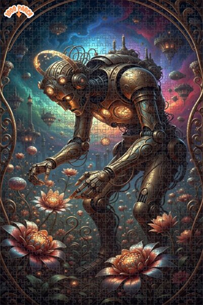 Esranın Dünyası Steampunk Robot in the Flower Garden Double-Layer Framed Wood...