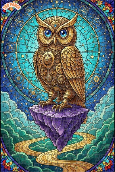 Esranın Dünyası Golden Mechanical Owl Steampunk Stained Glass Art Double-Laye...