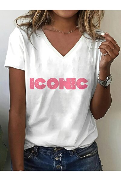 mercoledi تي شيرت نسائي Iconic مطبوع بأكمام على شكل حرف V وقصة عادية