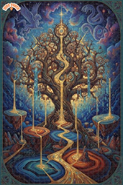 Esranın Dünyası Cosmic Tree of Life Oil Painting Look Double Layer Framed Woo...