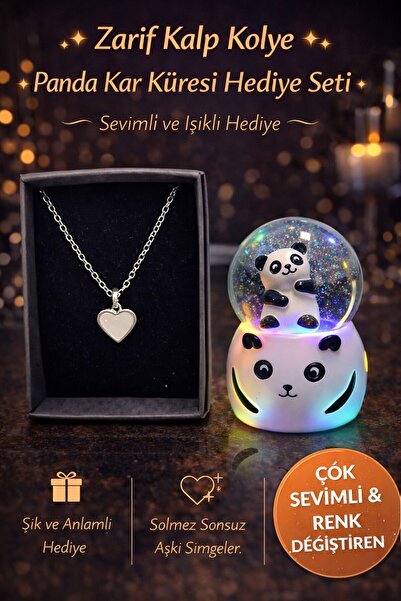 Selvica Işıklı Pandalı Kar Küresi Beyaz Kalp Kolye Doğum Günü Hediyesi Kız Ar...