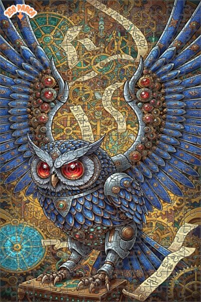 Esranın Dünyası Steam Mechanical Owl Oil Painting Look Double Layer Framed Wo...