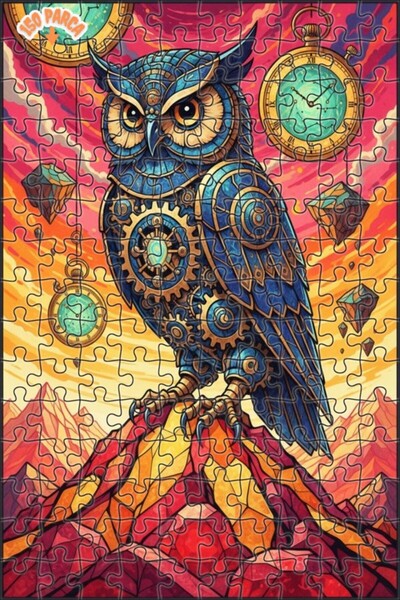 Esranın Dünyası Steampunk Mechanical Owl Oil Painting Look Double Layer Frame...