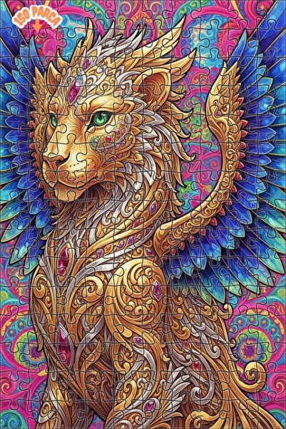 Esranın Dünyası Golden Winged Mythological Lion Oil Painting Look Wooden Puzz...