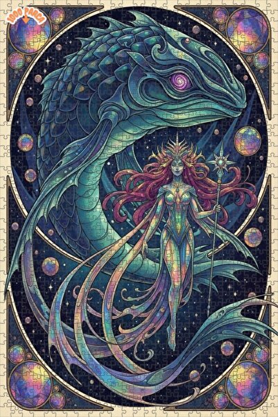 Esranın Dünyası Magical Mermaid and Dragon Art Print Oil on Double-Layer Fram...