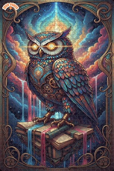 Esranın Dünyası Mysterious Wise Owl Oil Painting Lookalike Double-Layer Frame...