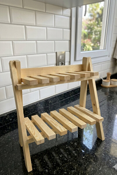 EkaWood Doğal Ahşap 2 Katlı Tezgah Üstü Mutfak Baharatlık Ve Çalışma Masası O...