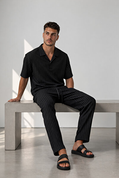 Shine Stone Men's Striped Crepe fabric polo collar tracksuit set