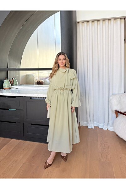Miraydın Butik فستان نسائي بياقة بأربطة حزام لي M91113 - أخضر كوف