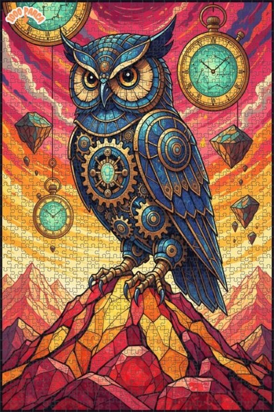 Esranın Dünyası Steampunk Mechanical Owl Oil Painting Look Double Layer Frame...
