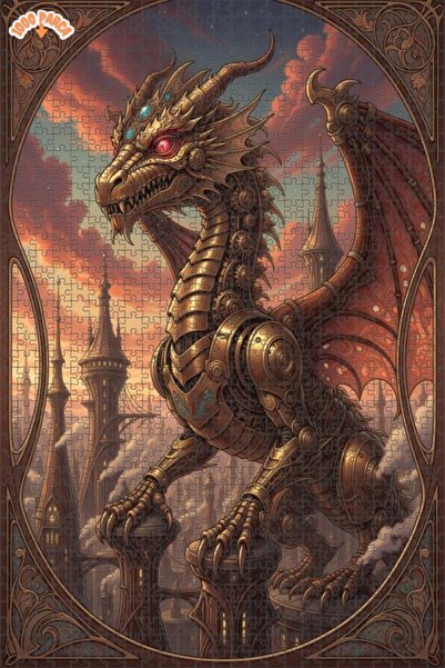 Esranın Dünyası Steampunk Mechanical Dragon Oil Painting Look Double Layer Fr...