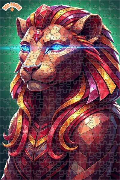 Esranın Dünyası Red Armored Lion Art Print Look Wooden Puzzle with Double-Lay...