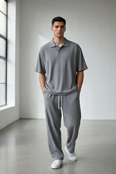 Shine Stone Men's Striped Crepe fabric polo collar tracksuit set