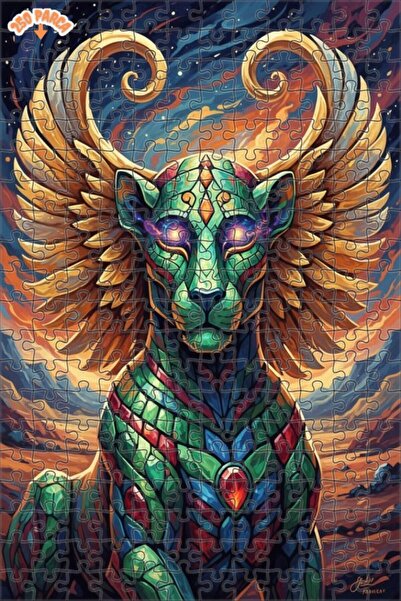 Esranın Dünyası Winged Green Panther Art Puzzle Double-Layer Framed Wooden Pu...