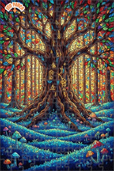 Esranın Dünyası شجرة الحياة ذات المظهر الفسيفسائي الروني، لغز خشبي مكون من مز...