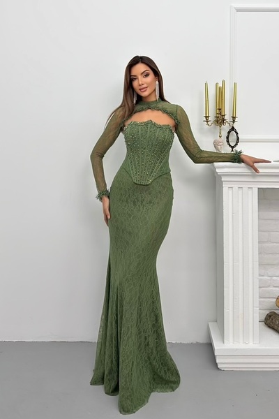 İyem Abiye Bolerolu Ve Dantelli Balenli Şık Tasarım Abiye Elbise Dar Kalıp