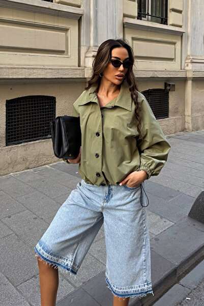 Ortaya Çık Khaki Button Detailed Basic Bomber Jacket