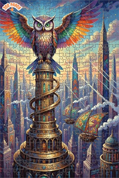 Esranın Dünyası Guardian of the Sky Colorful Owl Double-Layer Framed Wooden P...