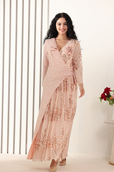 TOP BERLANTY Rose gold evening dress with luxurious sequin embroidery