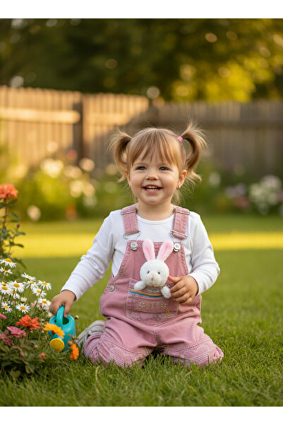 TA&CE Tavşan Figürlü Cepli Salopet ve Uzun Kollu Body Takımı- Pudra 1-3 YAŞ