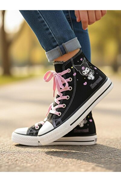 ellaboni Girl's Kromi&Melody Printed Black High Top Linen Sports Shoes Sneakers