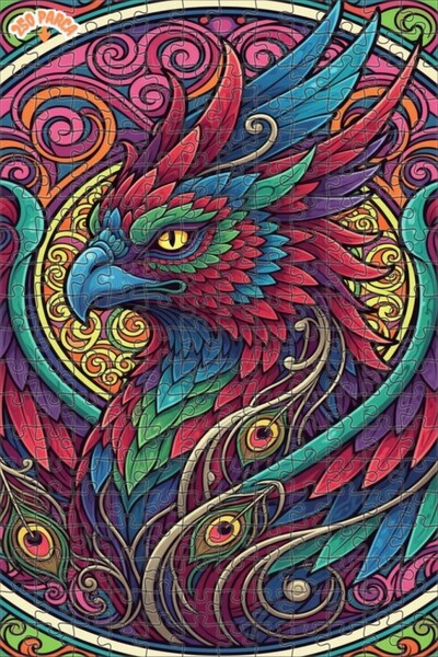 Esranın Dünyası لوحة زيتية على شكل طائر الفينيق الزمردي السحري، مزدوج الطبقات...