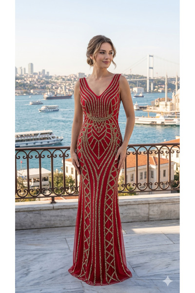 uzer abiye stanbul Serisi Geometrik Desenli özel tasarım Taş baskı İşlemeli K...