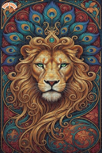 Esranın Dünyası Lion Patterned Oil Painting Lookalike Art Nouveau Double-Laye...