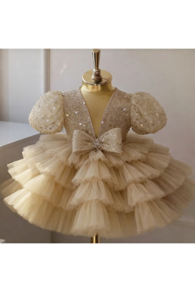 İlknur Karaca Design فستان ذهبي مكون من مرصّع بالخرز قطع بأكمام بالونية للفتي...