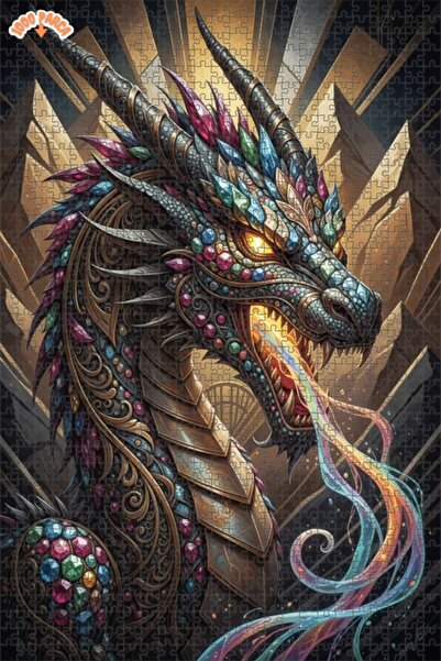 Esranın Dünyası Majestic Jewel Dragon Oil Painting Look Double Layer Framed W...