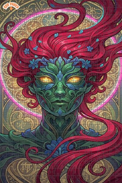 Esranın Dünyası Woman with Red Hair and Green Face Oil Painting Look Wooden P...