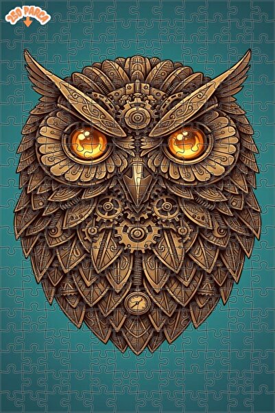 Esranın Dünyası Mechanical Owl Oil Painting Look Double Layer Framed Wooden P...
