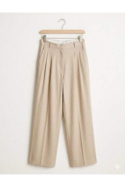 Femaura Pantolon - FM01012 Model Pileli Gizli Düğmeli Keten Pantolon
