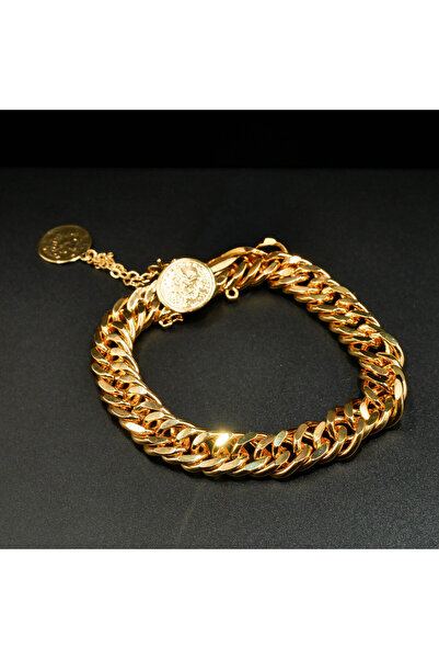 Generic Gold-Tone Curb Chain Bracelet with Coin Charms - Chunky Link Bracelet