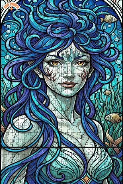 Esranın Dünyası Mermaid Art Stained Glass Look Double Layer Framed Wooden Puz...
