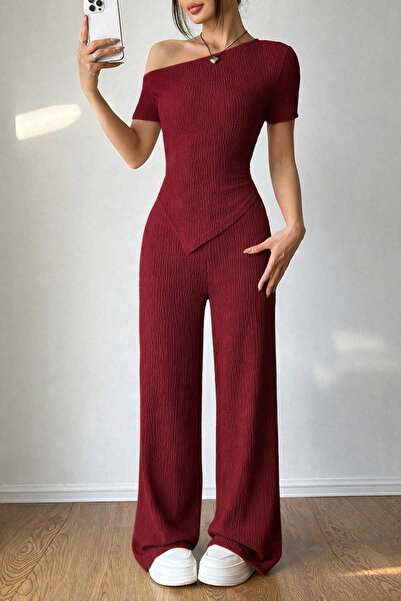 poswicon Fustă asimetrică cu umeri goi și pantaloni bordeaux set