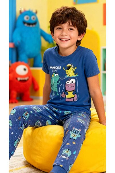 NiCe İç Giyim Navy Blue Color Cute Monsters Themed Cuffed Cuff Crew Neck Boys...