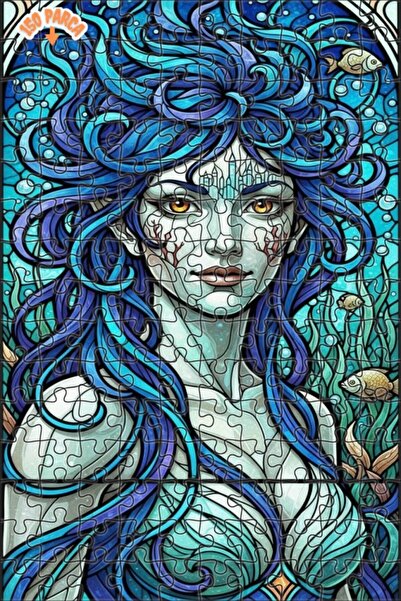 Esranın Dünyası Mermaid Art Stained Glass Look Double Layer Framed Wooden Puz...