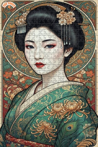 Esranın Dünyası Elegant Geisha Oil Painting Look Wooden Puzzle with Double-La...