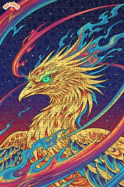 Esranın Dünyası Golden Feathered Phoenix Oil Painting Look Double Layer Frame...