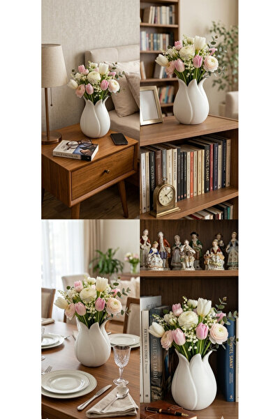 Velorahomee Krem Renk Lale Tasarım Modern Vazo - 18 cm El İşçiliği Dekoratif ...