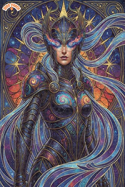 Esranın Dünyası Cosmic Warrior Woman Oil Painting Look Double Layer Framed Wo...