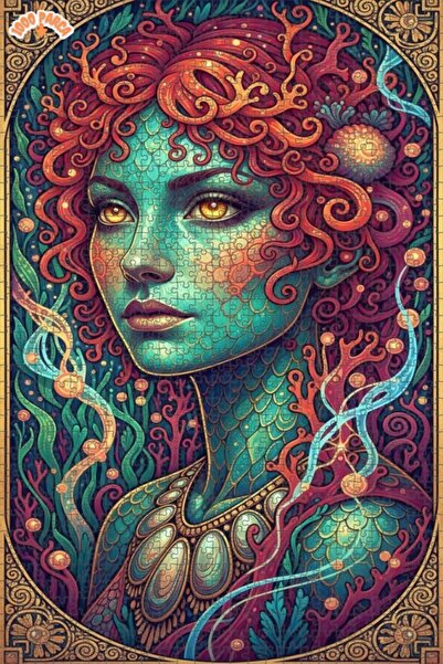 Esranın Dünyası Mermaid Art Oil Painting Look Double Layer Framed Wooden Puzz...