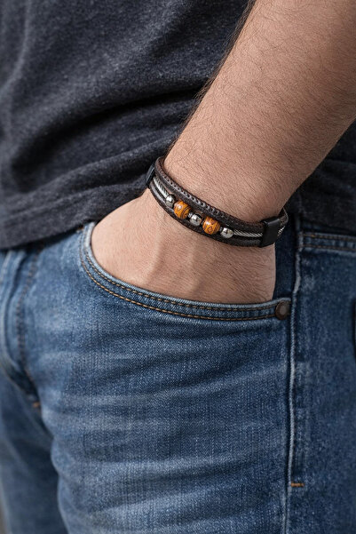 MODA MANANI Men's Leather Layered Bracelet Brown Beaded Magnetic Closure Pcs