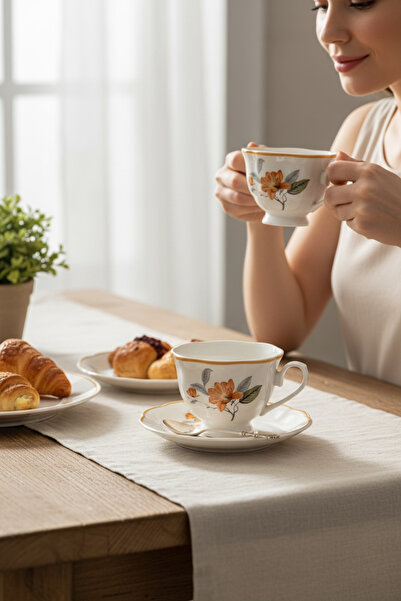 DükkanDa Porcelain Coffee Cup 2-Piece Cup Set 90 ml Turkish Coffee Cup Floral...