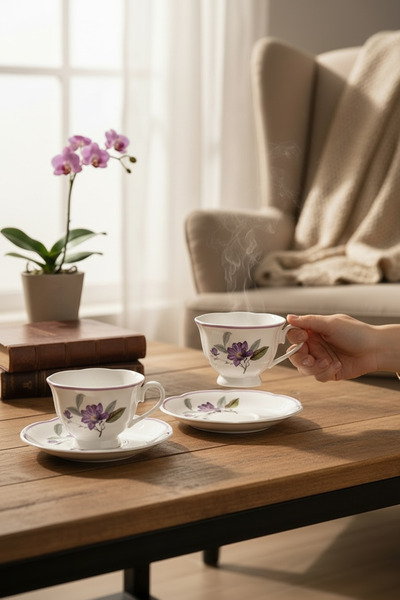 DükkanDa Porcelain Coffee Cup 2-Piece Cup Set 90 ml Turkish Coffee Cup Floral...