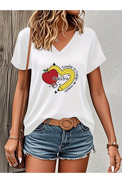 mercoledi Mâneci cu decolteu în V Heart cu imprimeu pentru femei, model obișn...